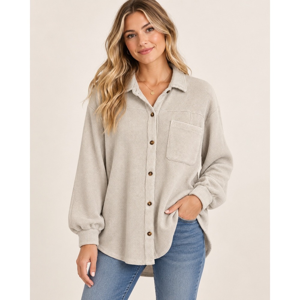 C&C California Waffle Knit Shirt Womens XL Beige Oversized Button Down